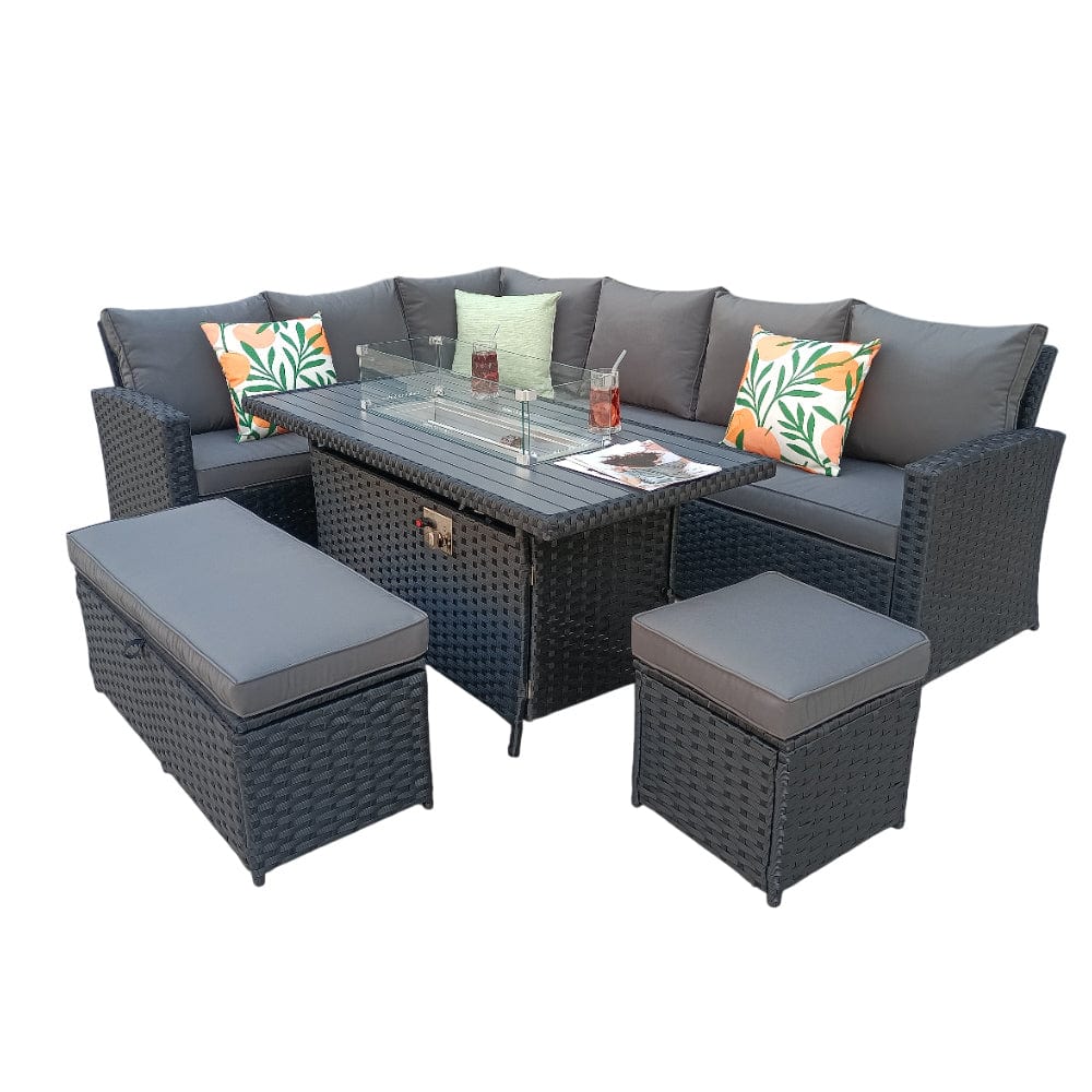 Rosen 9 Seater Rattan Garden Furniture Corner Sofa Set With Aluminum Fire Pit Dining Table And Storage Box