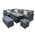 Rosen 9 Seater Rattan Garden Furniture Corner Sofa Set With Aluminum Fire Pit Dining Table And Storage Box