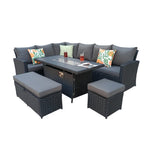 Rosen 9 Seater Rattan Garden Furniture Corner Sofa Set With Aluminum Fire Pit Dining Table And Storage Box