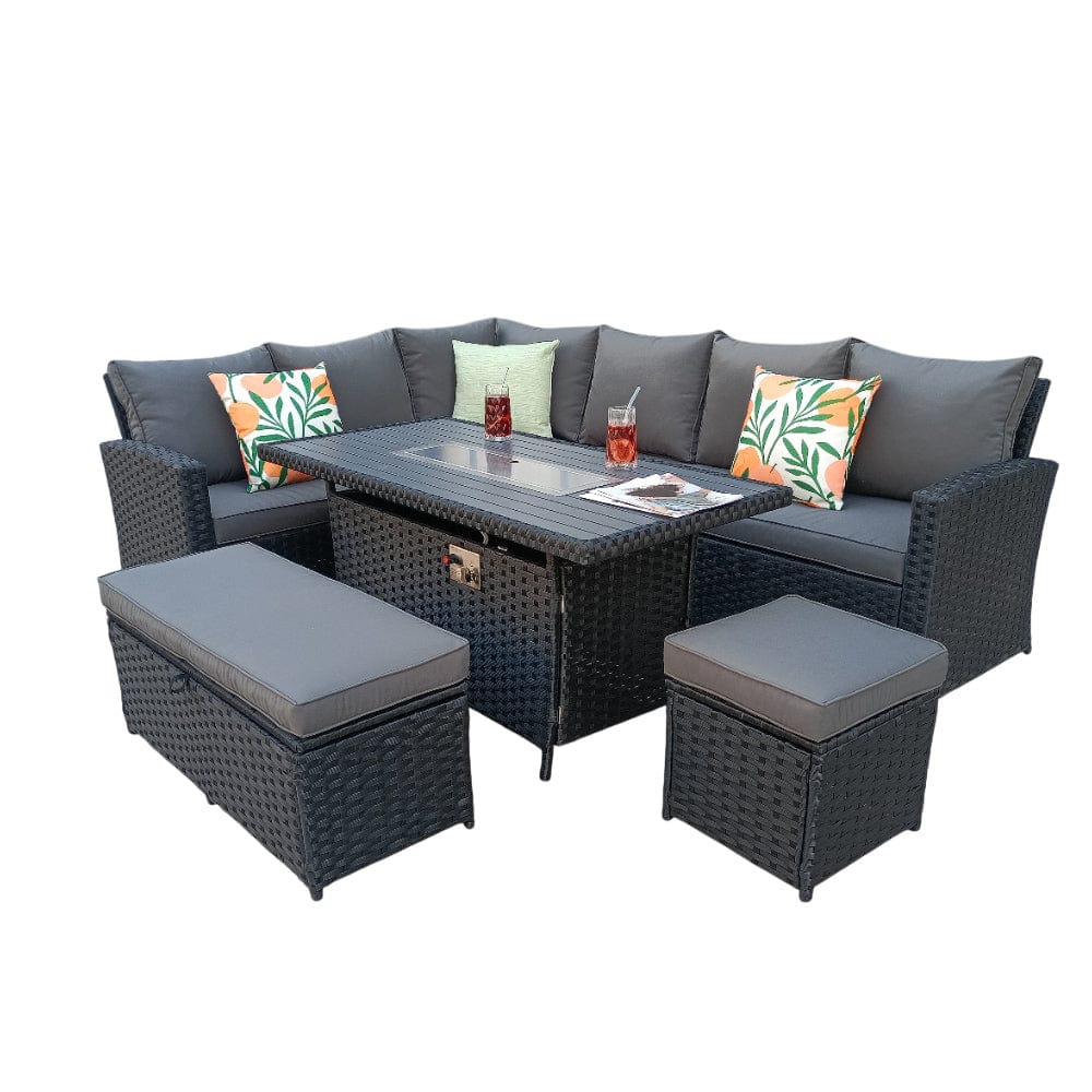 Rosen 9 Seater Rattan Garden Furniture Corner Sofa Set With Aluminum Fire Pit Dining Table And Storage Box