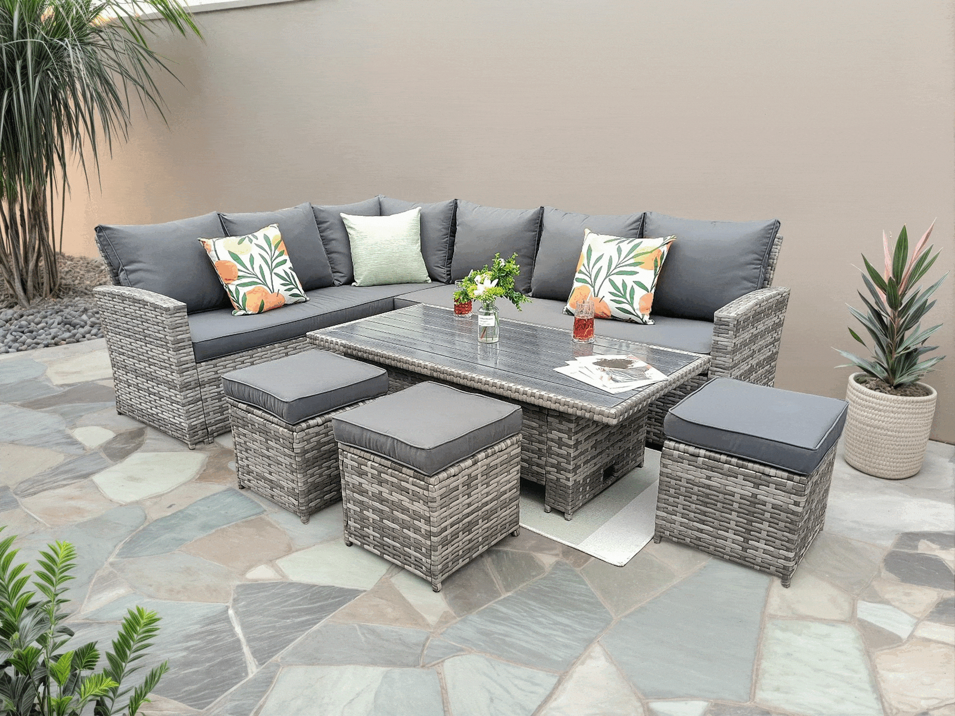 Rosen 9 Seater Rattan Garden Dining Set With Lift-Up Table And 3 Stools