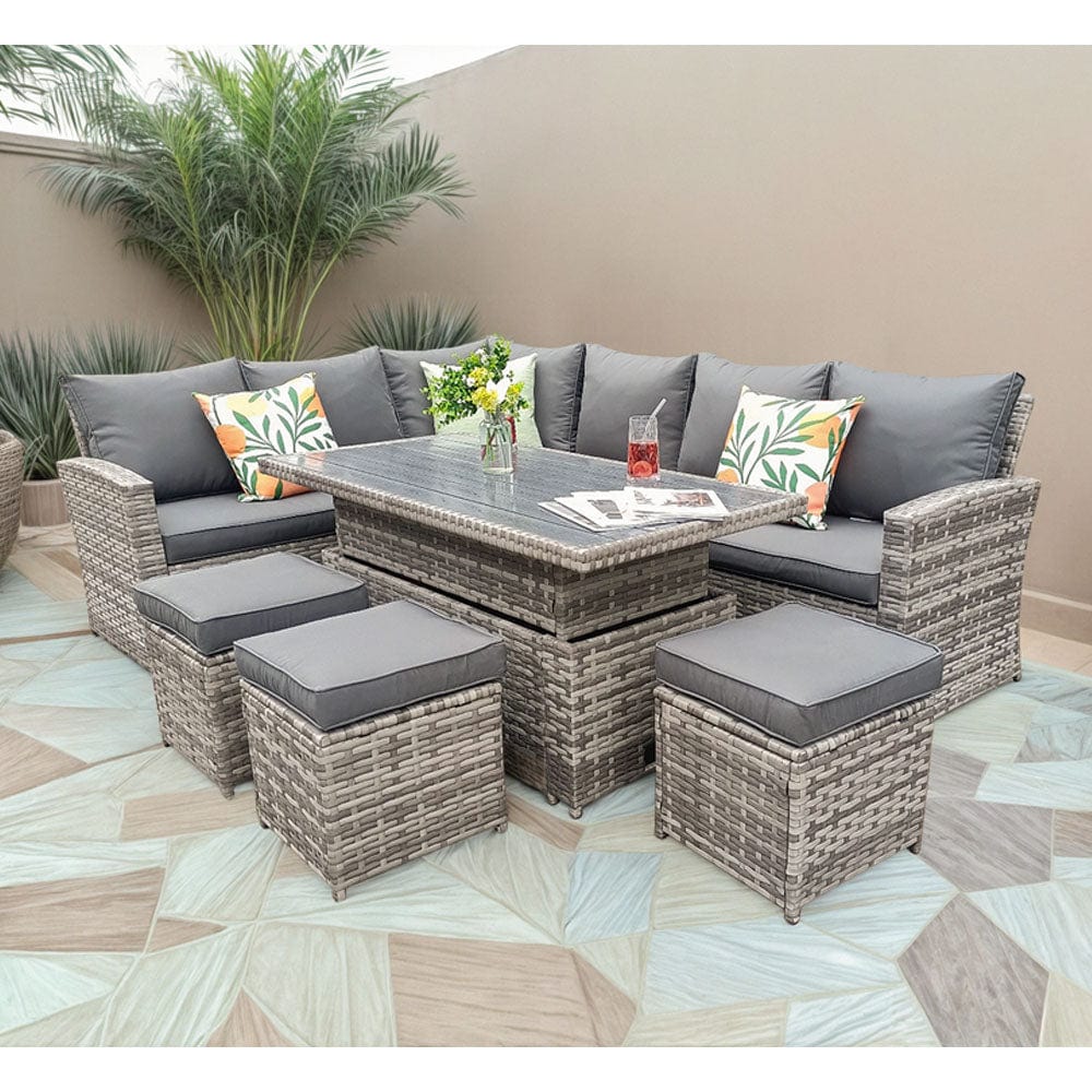 Rosen 9 Seater Rattan Garden Dining Set With Lift-Up Table And 3 Stools