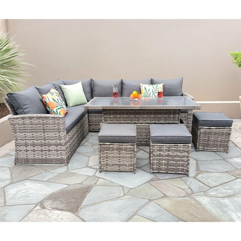 Rosen 9 Seater Rattan Garden Dining Set With Lift-Up Table And 3 Stools