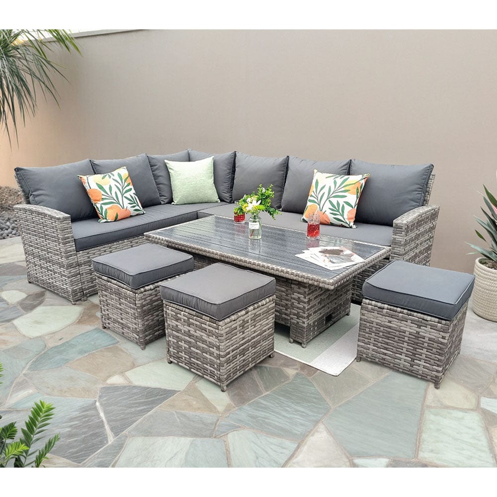 Rosen 9 Seater Rattan Garden Dining Set With Lift-Up Table And 3 Stools