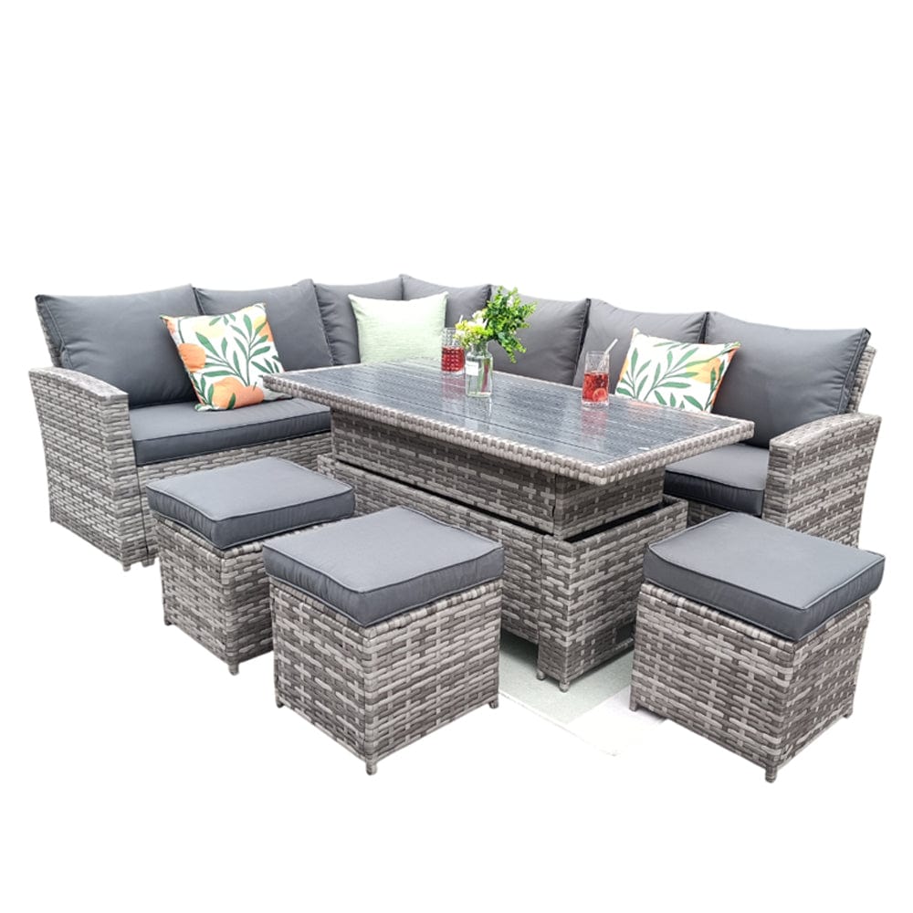 Rosen 9 Seater Rattan Garden Dining Set With Lift-Up Table And 3 Stools