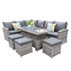 Rosen 9 Seater Rattan Garden Dining Set With Lift-Up Table And 3 Stools