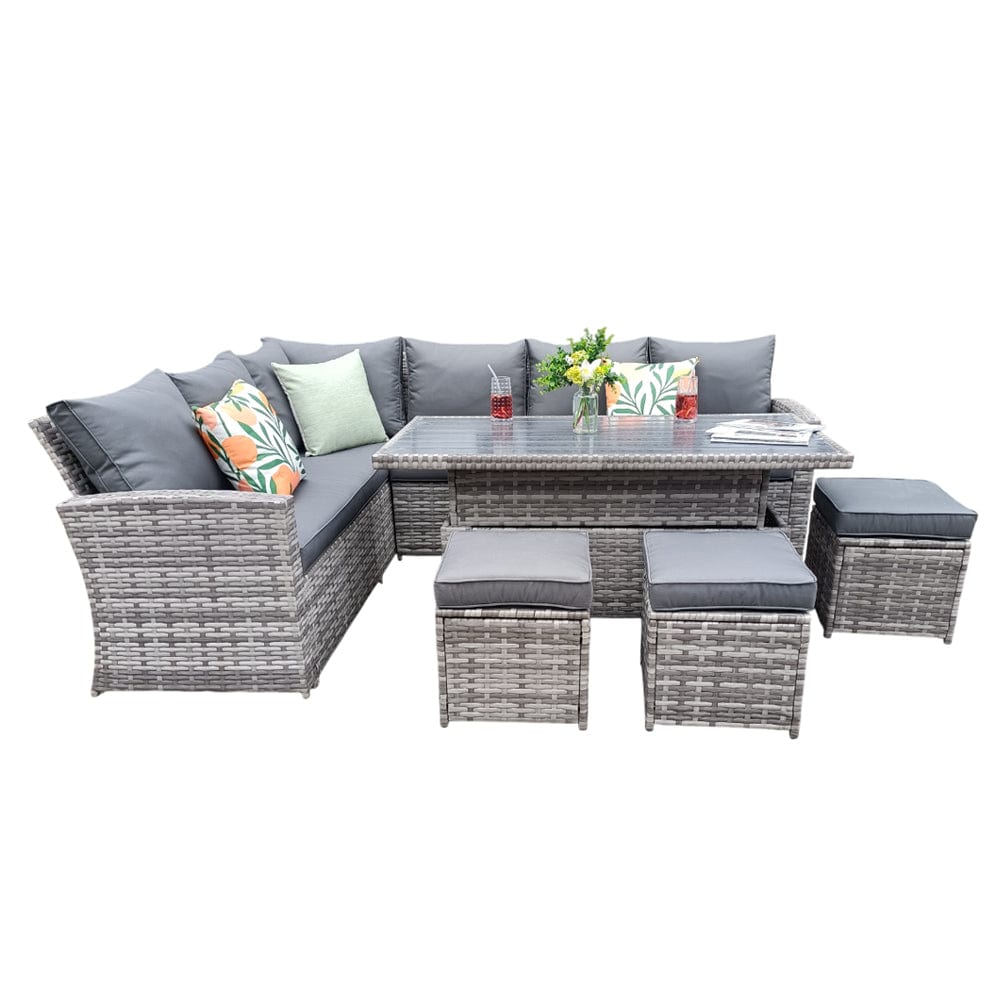 Rosen 9 Seater Rattan Garden Dining Set With Lift-Up Table And 3 Stools