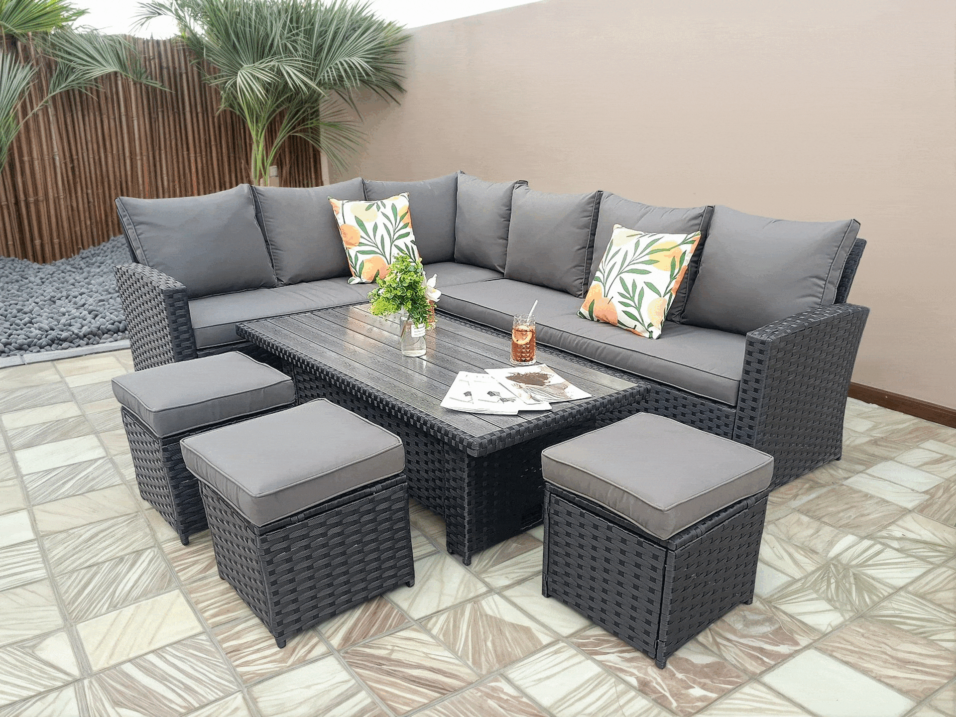 Rosen 9 Seater Rattan Garden Dining Set With Lift-Up Table And 3 Stools