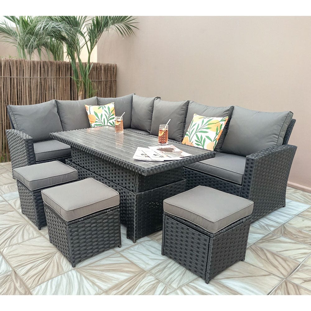 Rosen 9 Seater Rattan Garden Dining Set With Lift-Up Table And 3 Stools