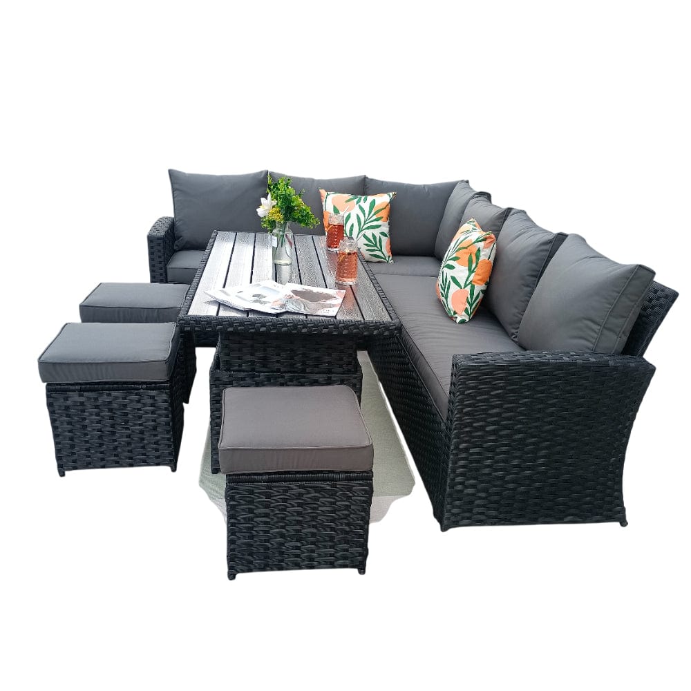 Rosen 9 Seater Rattan Garden Dining Set With Lift-Up Table And 3 Stools