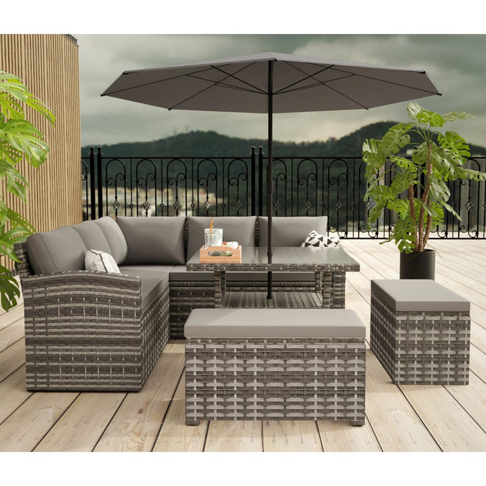 Rosen 9 Seater Rattan Garden Furniture Cube Dining Set With Parasol In Grey