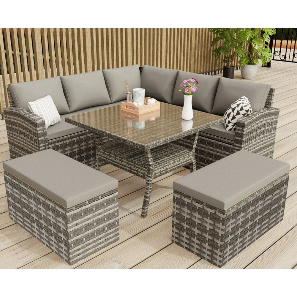 Rosen 9 Seater Rattan Garden Furniture Cube Dining Set With Parasol In Grey