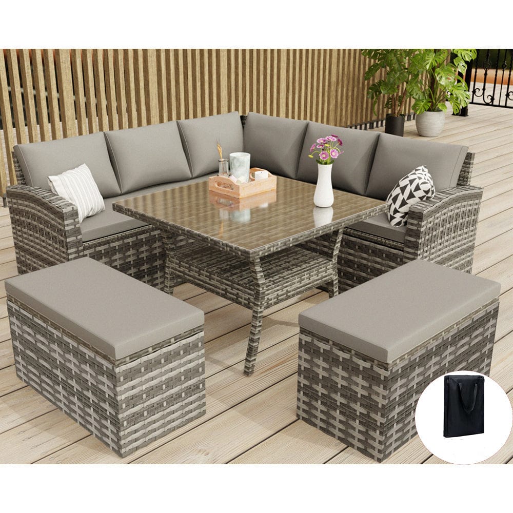 Rosen 9 Seater Rattan Garden Furniture Cube Dining Set With Parasol In Grey