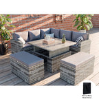Rosen Rattan Garden Furniture 9 Seater Corner Sofa Rising Table Set With 2 Benches In Grey
