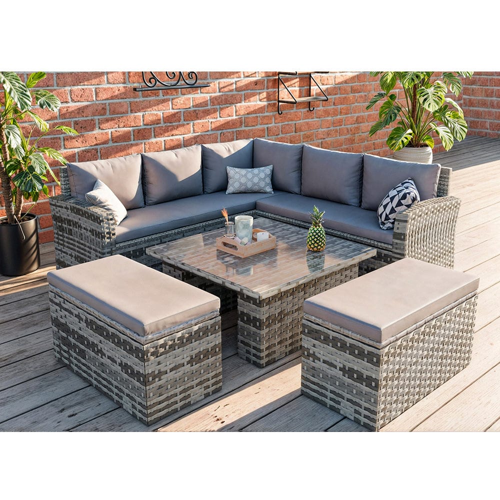 Rosen Rattan Garden Furniture 9 Seater Corner Sofa Rising Table Set With 2 Benches In Grey