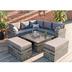 Rosen Rattan Garden Furniture 9 Seater Corner Sofa Rising Table Set With 2 Benches In Grey