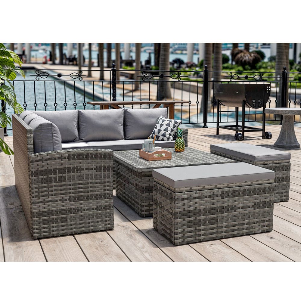 Rosen Rattan Garden Furniture 9 Seater Corner Sofa Rising Table Set With 2 Benches In Grey
