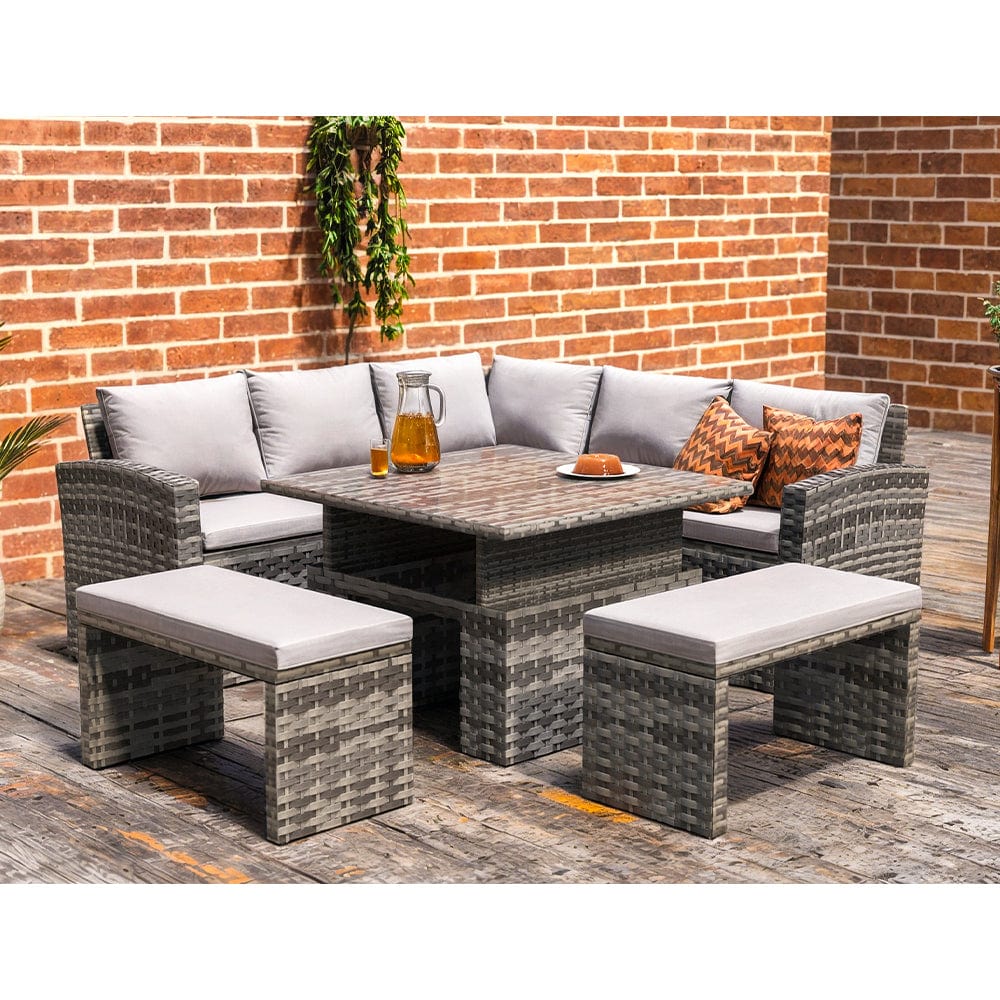 Rosen 9 Seater Rattan Dining Corner Sofa Set with Rising Table In Grey with rain cover option