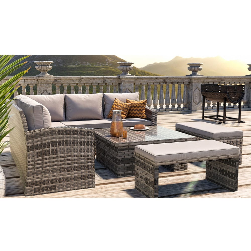 Rosen 9 Seater Rattan Dining Corner Sofa Set with Rising Table In Grey with rain cover option