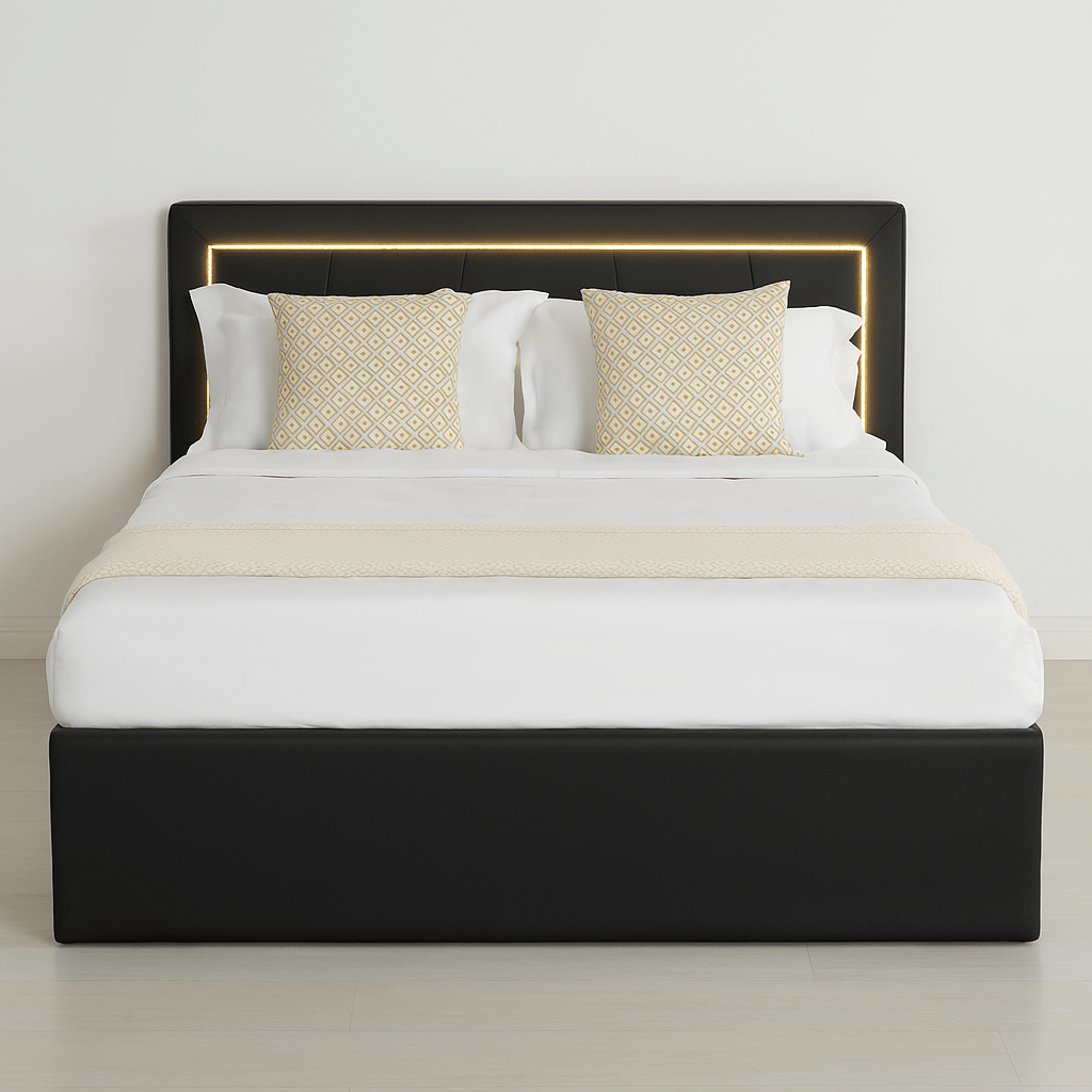 Modern White PU Bed Frame with 4 Drawers Storage and LED Light Head Board and Charging Ports