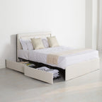 Modern White PU Bed Frame with 4 Drawers Storage and LED Light Head Board and Charging Ports