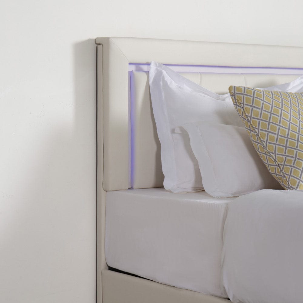 Modern White PU Bed Frame with 4 Drawers Storage and LED Light Head Board and Charging Ports