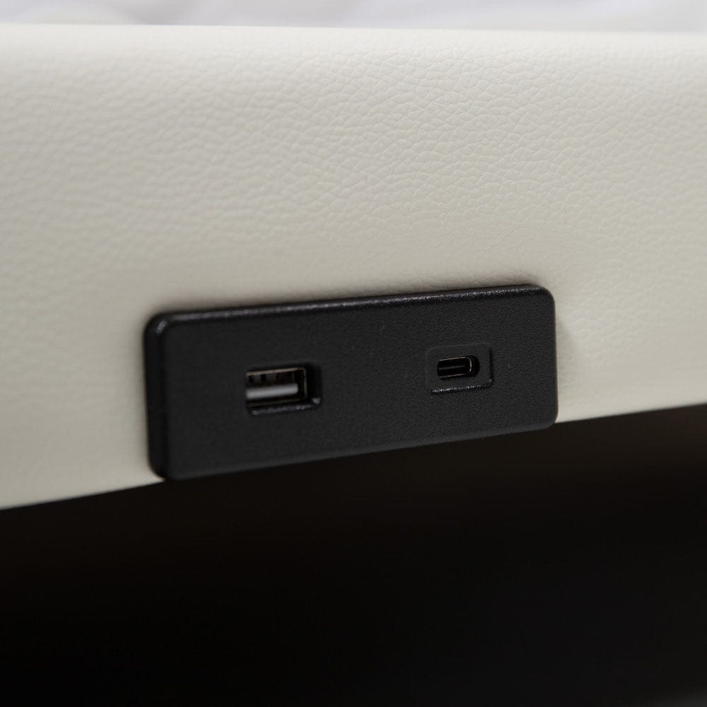 Modern White PU Bed Frame with 4 Drawers Storage and LED Light Head Board and Charging Ports