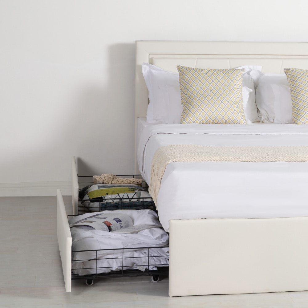 Modern White PU Bed Frame with 4 Drawers Storage and LED Light Head Board and Charging Ports