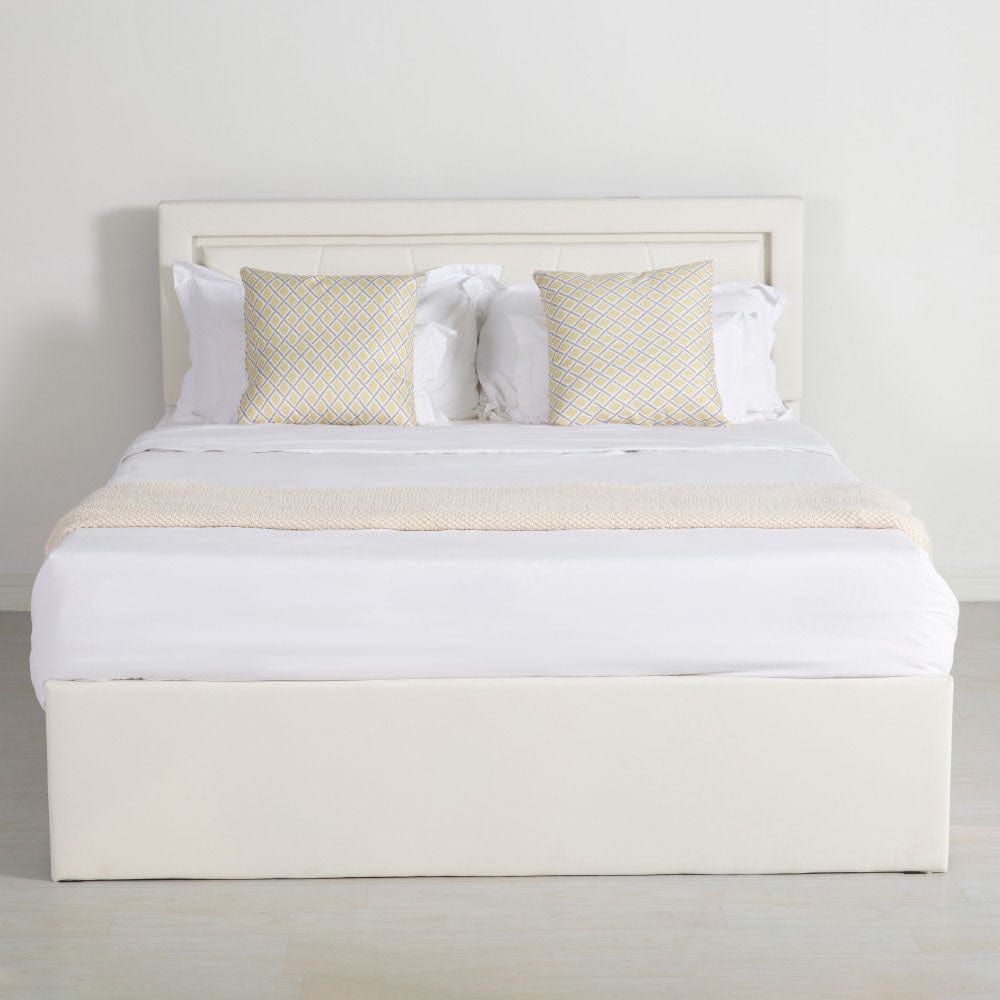 Modern White PU Bed Frame with 4 Drawers Storage and LED Light Head Board and Charging Ports