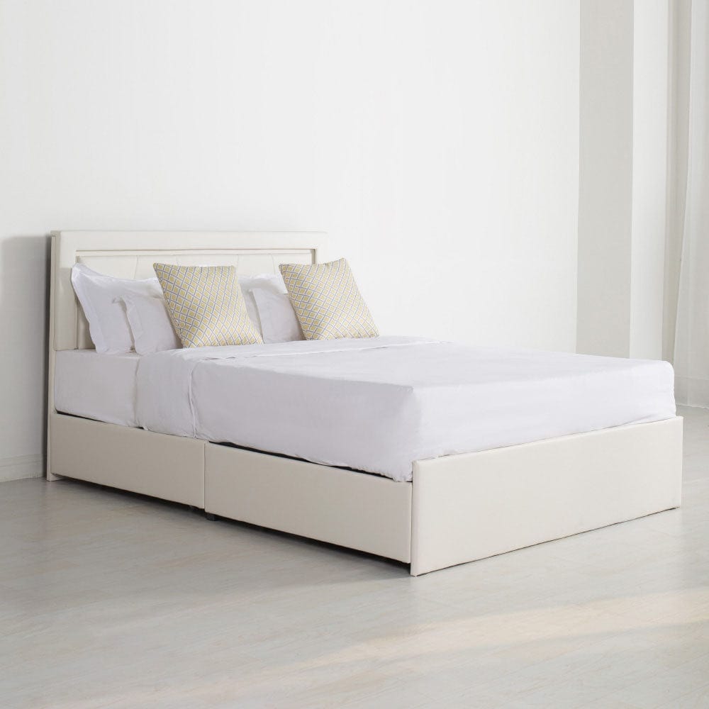 Modern White PU Bed Frame with 4 Drawers Storage and LED Light Head Board and Charging Ports