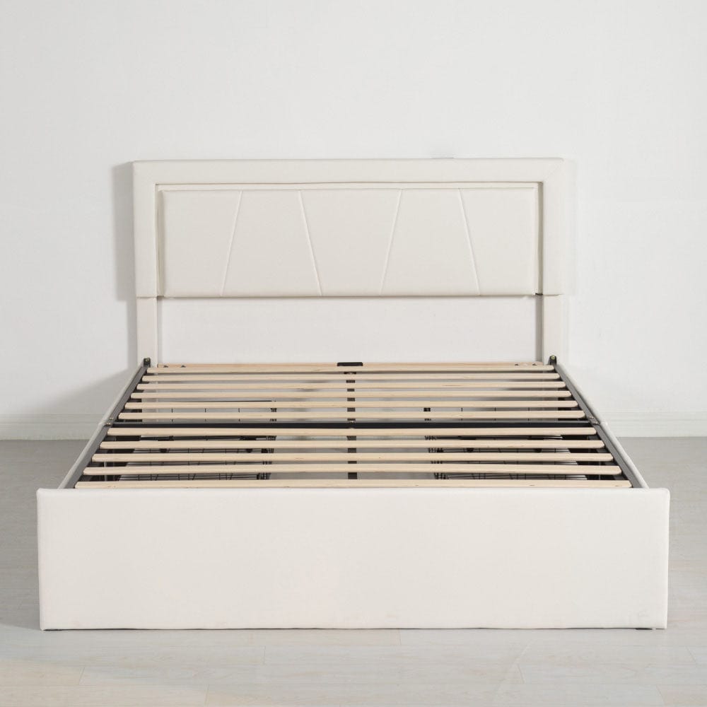 Modern White PU Bed Frame with 4 Drawers Storage and LED Light Head Board and Charging Ports