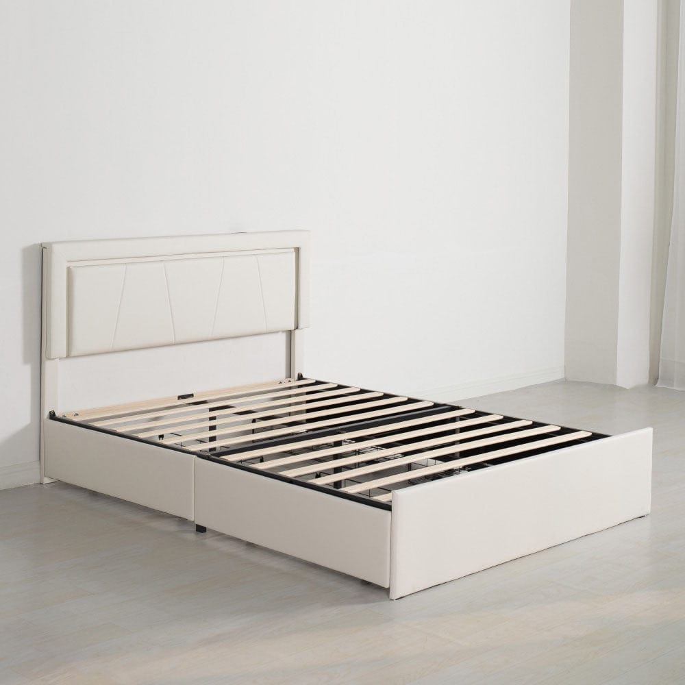 Modern White PU Bed Frame with 4 Drawers Storage and LED Light Head Board and Charging Ports