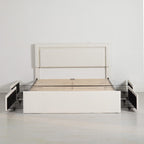 Modern White PU Bed Frame with 4 Drawers Storage and LED Light Head Board and Charging Ports