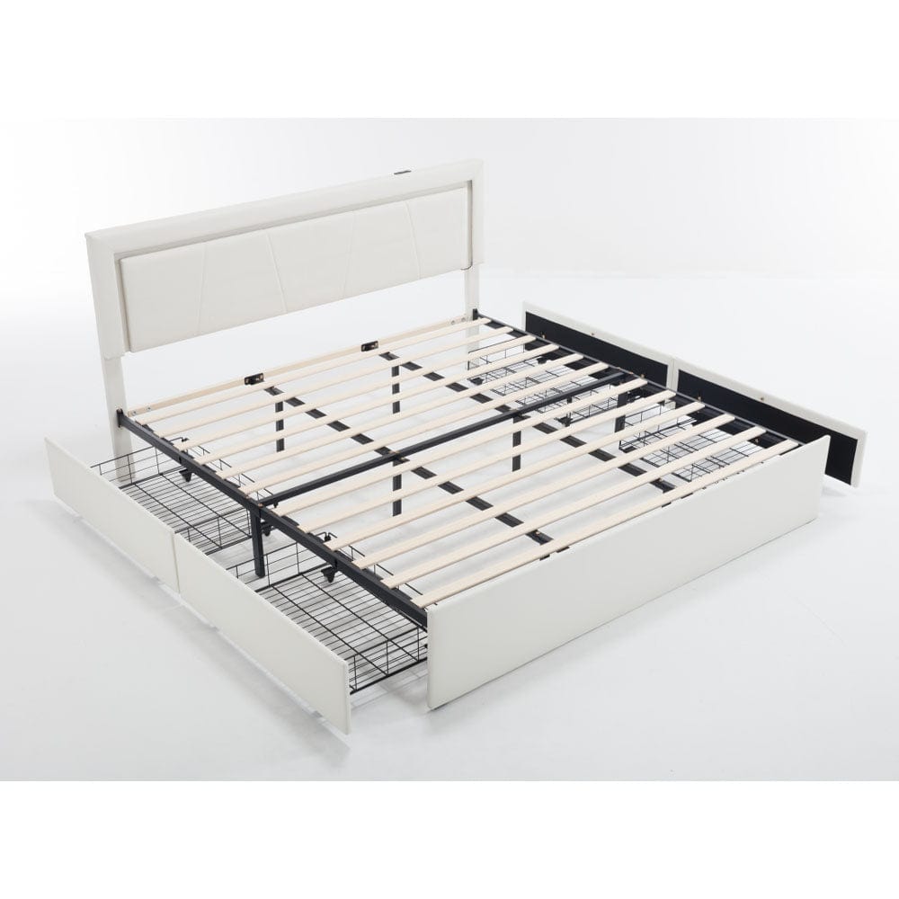 Modern White PU Bed Frame with 4 Drawers Storage and LED Light Head Board and Charging Ports