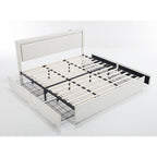 Modern White PU Bed Frame with 4 Drawers Storage and LED Light Head Board and Charging Ports
