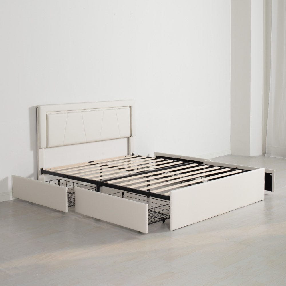Modern White PU Bed Frame with 4 Drawers Storage and LED Light Head Board and Charging Ports