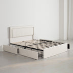 Modern White PU Bed Frame with 4 Drawers Storage and LED Light Head Board and Charging Ports