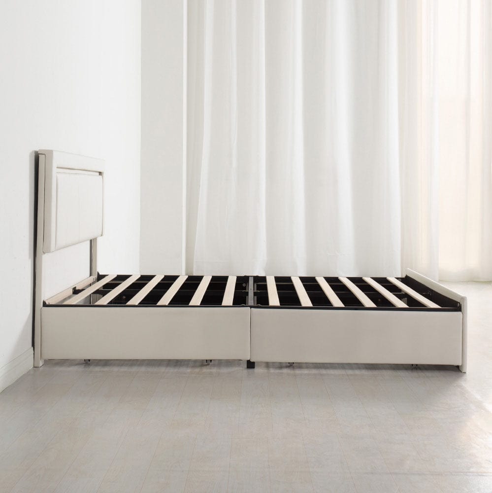 Modern White PU Bed Frame with 4 Drawers Storage and LED Light Head Board and Charging Ports