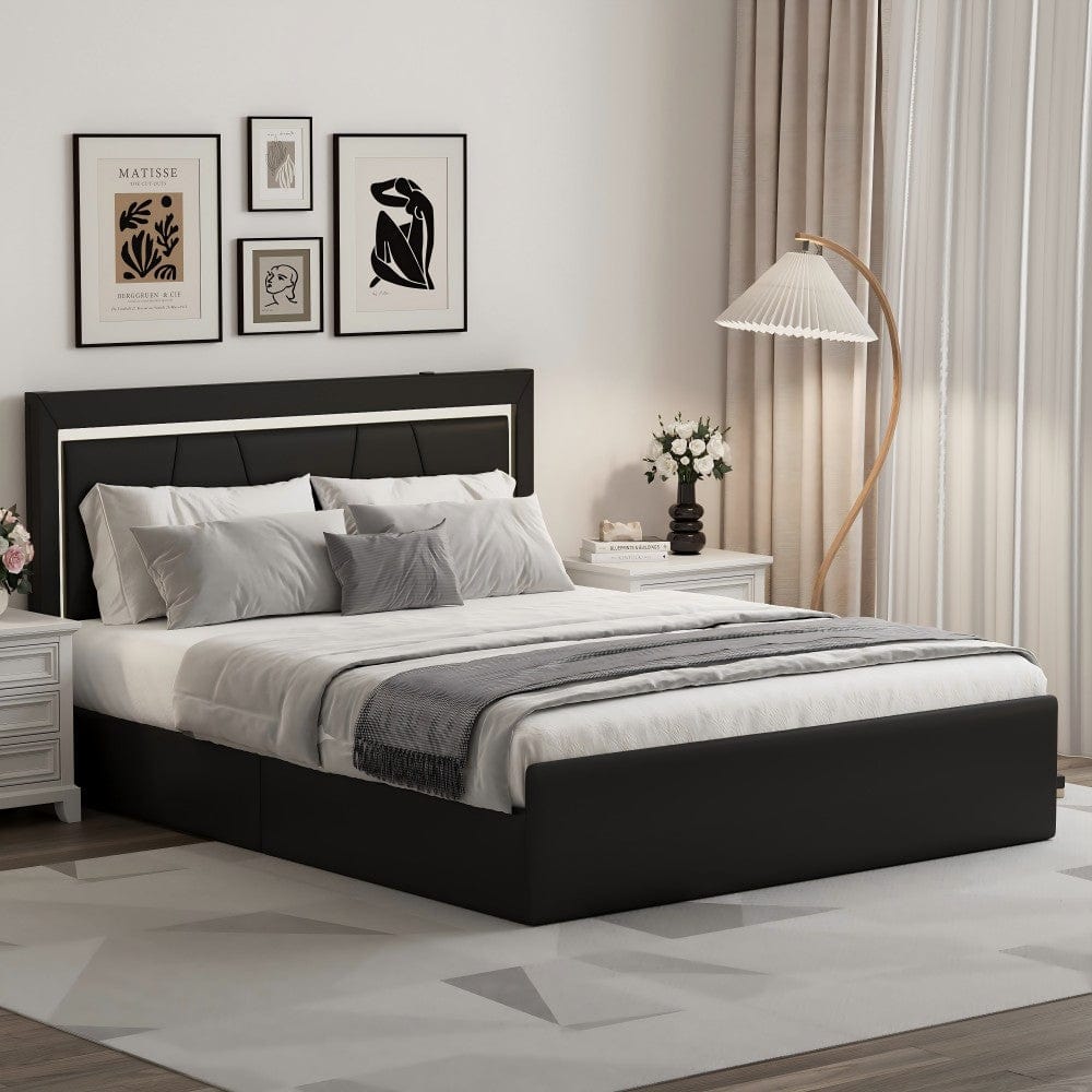 Modern White PU Bed Frame with 4 Drawers Storage and LED Light Head Board and Charging Ports