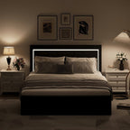 Modern White PU Bed Frame with 4 Drawers Storage and LED Light Head Board and Charging Ports