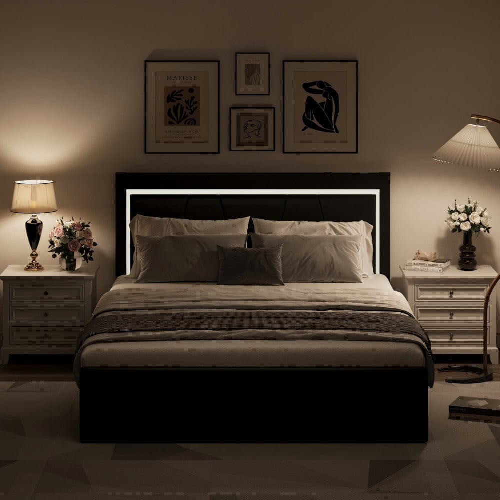 Modern White PU Bed Frame with 4 Drawers Storage and LED Light Head Board and Charging Ports