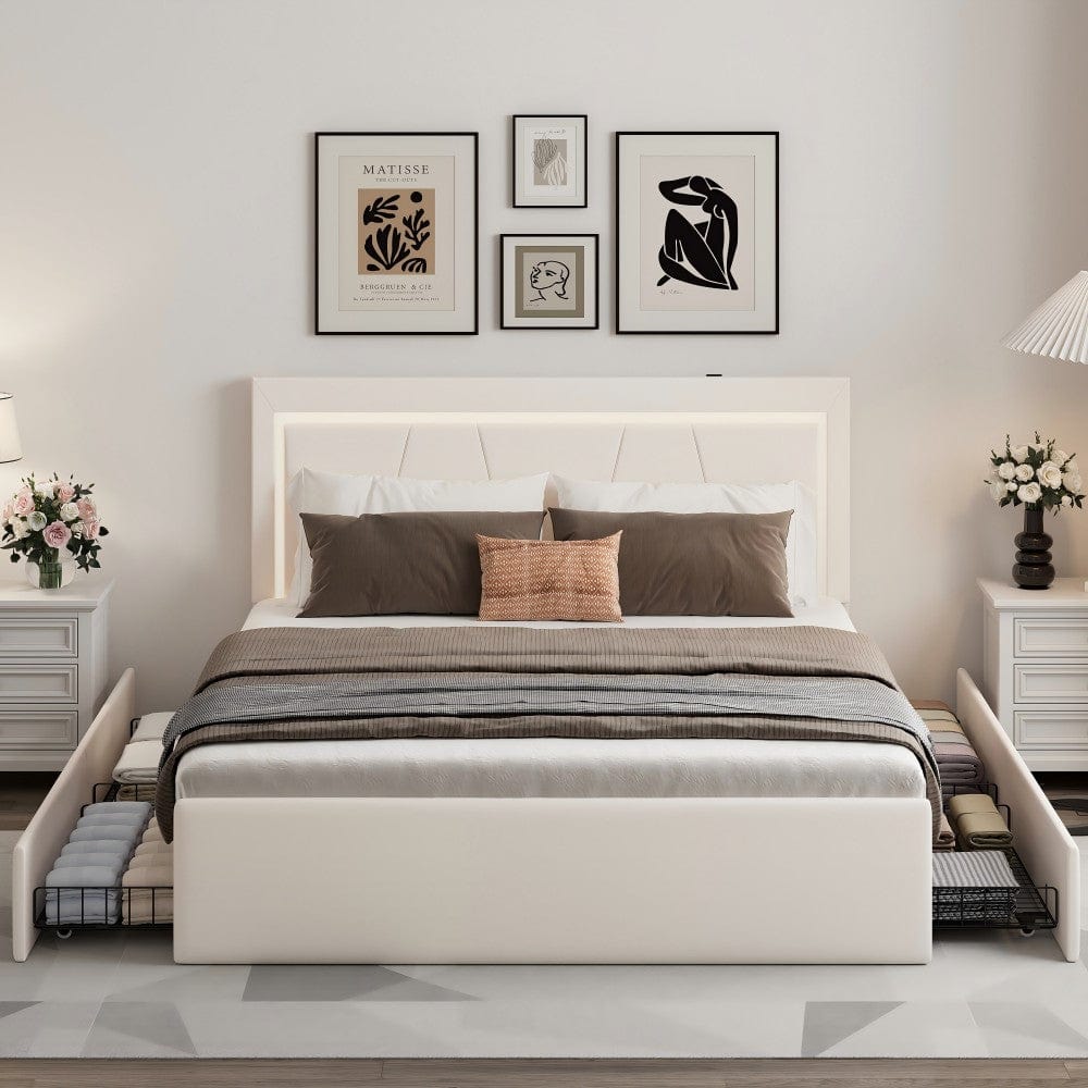 Modern White PU Bed Frame with 4 Drawers Storage and LED Light Head Board and Charging Ports