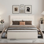 Modern White PU Bed Frame with 4 Drawers Storage and LED Light Head Board and Charging Ports