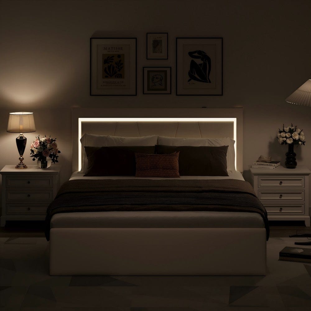 Modern White PU Bed Frame with 4 Drawers Storage and LED Light Head Board and Charging Ports