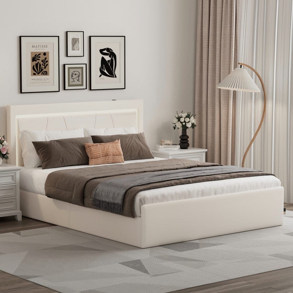 Modern White PU Bed Frame with 4 Drawers Storage and LED Light Head Board and Charging Ports