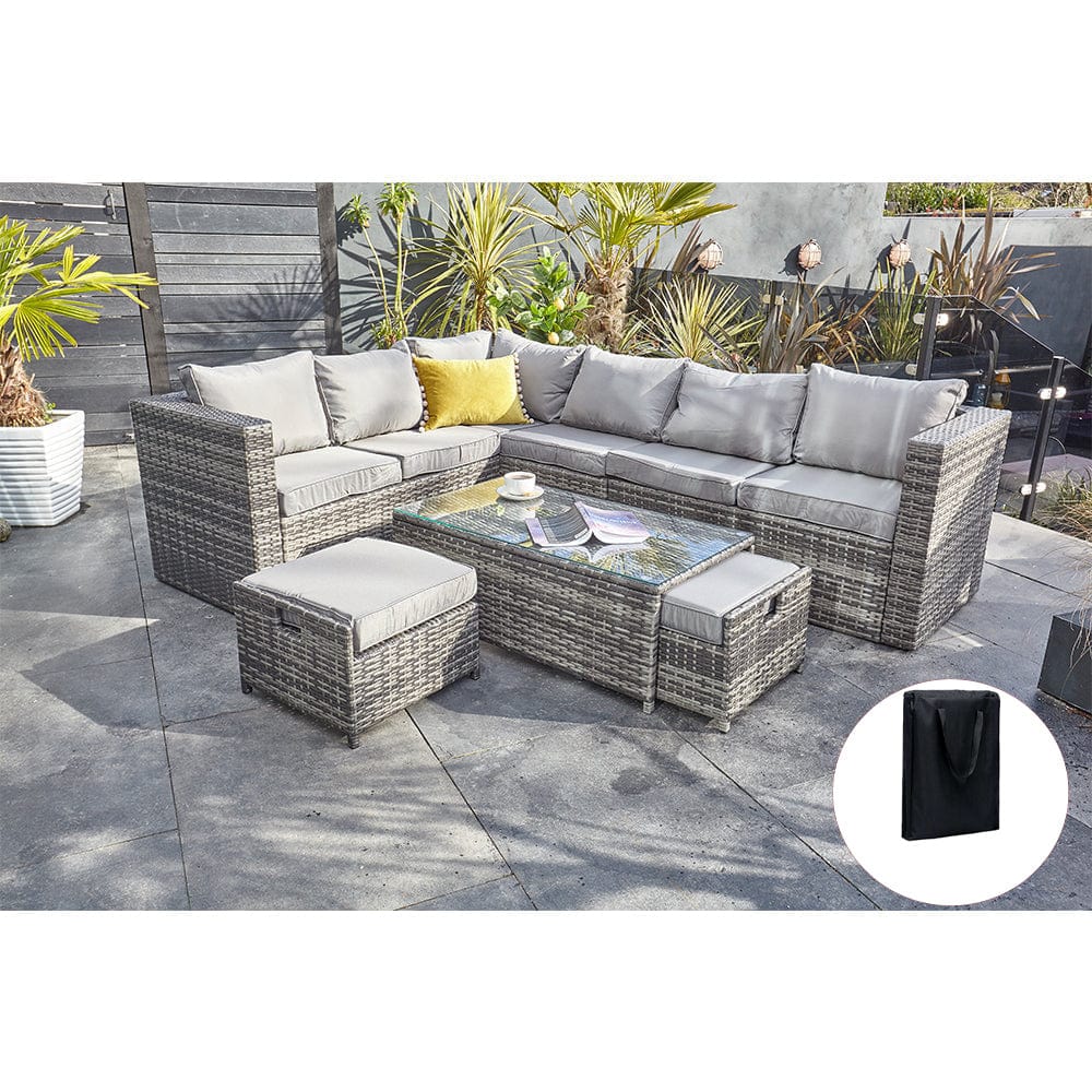 Vancouver 9 Seater Corner Rattan Garden Set In Grey with fire pit option