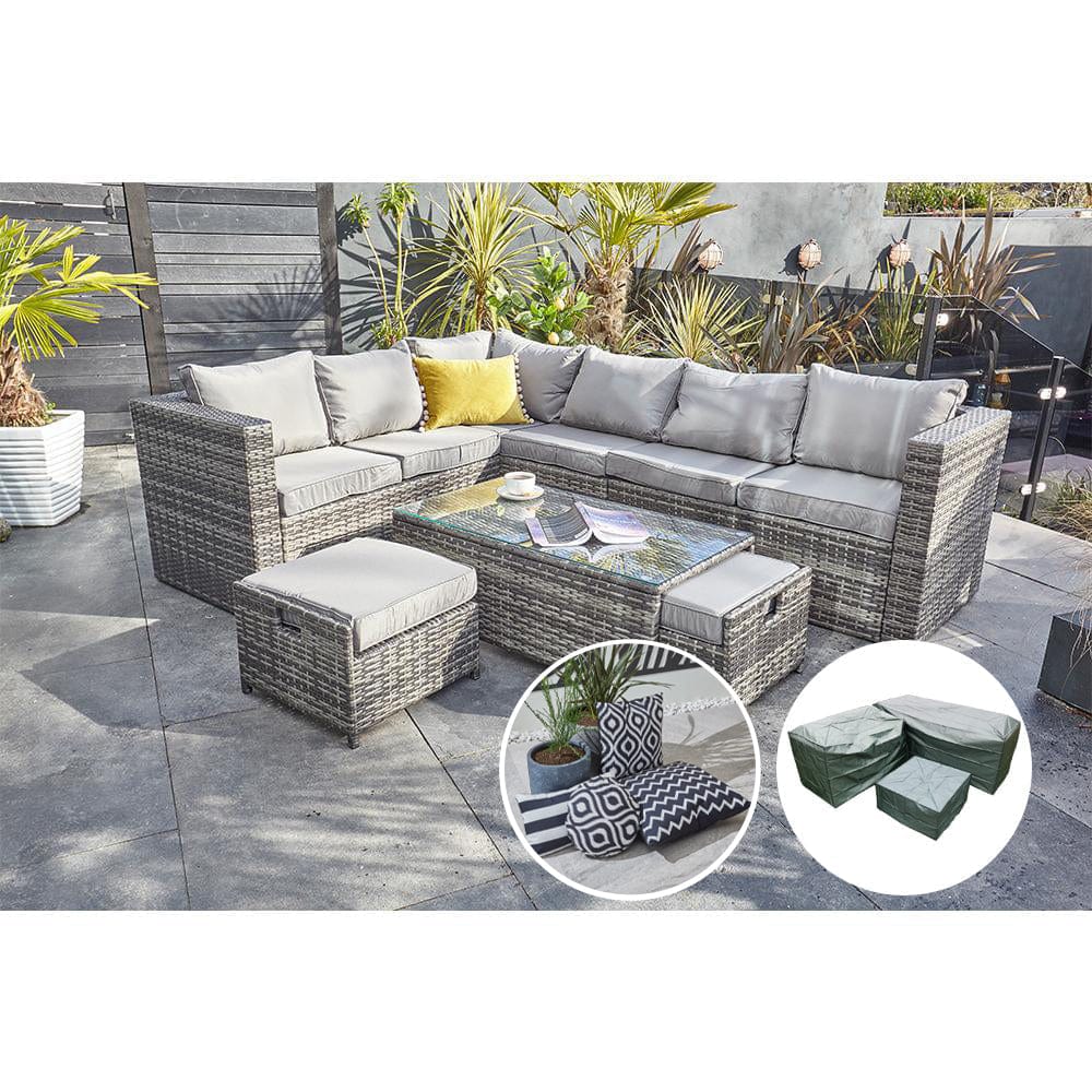 Vancouver 9 Seater Corner Rattan Garden Set In Grey with fire pit option