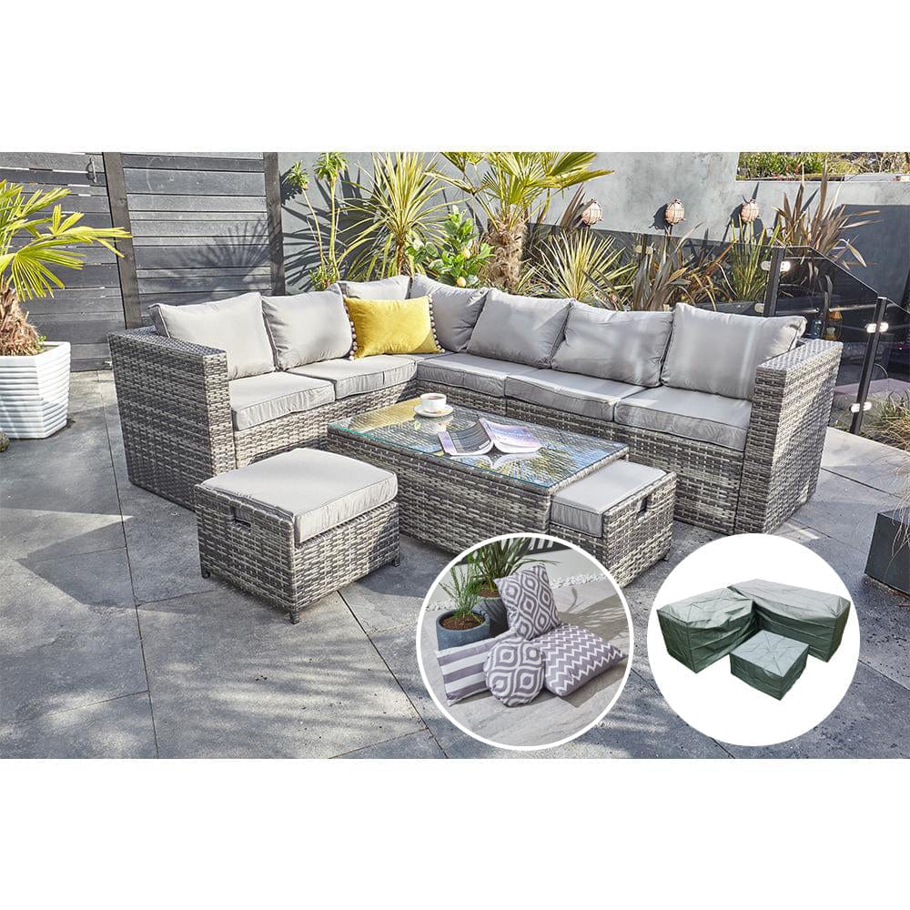 Vancouver 9 Seater Corner Rattan Garden Set In Grey with fire pit option
