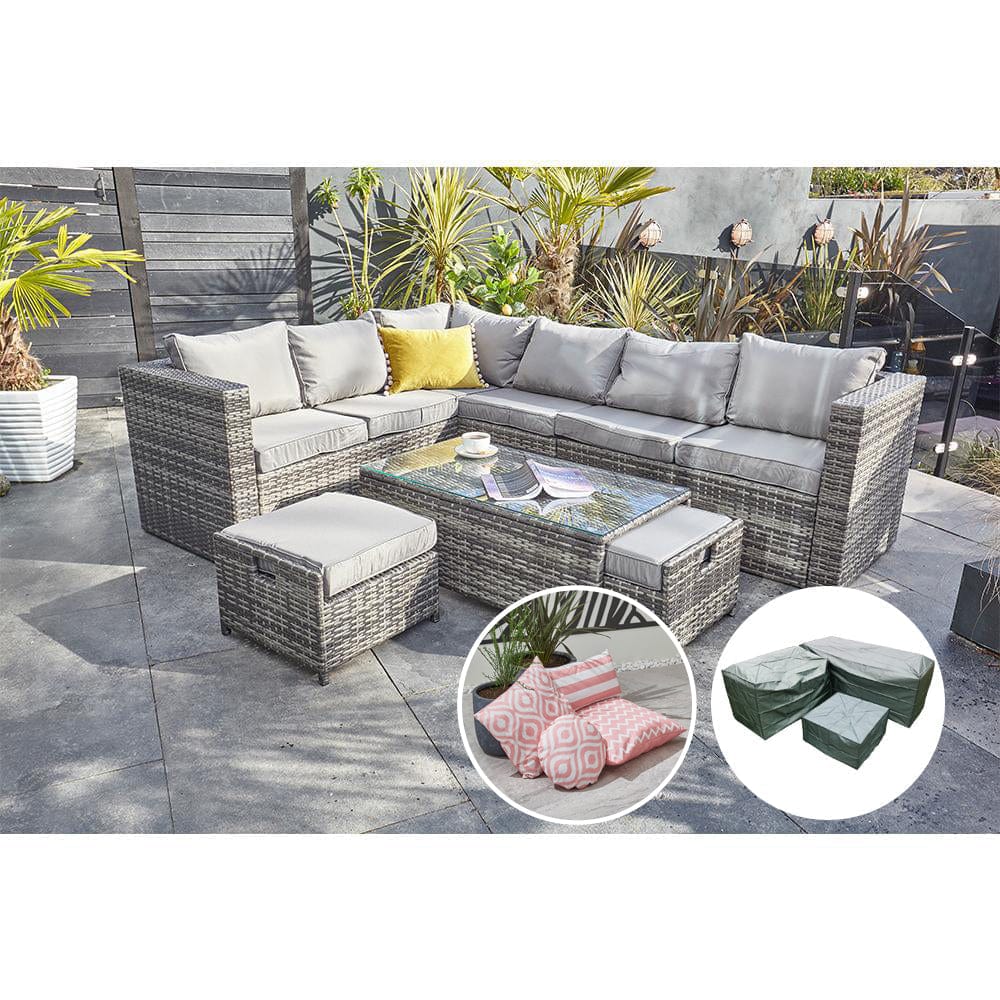 Vancouver 9 Seater Corner Rattan Garden Set In Grey with fire pit option