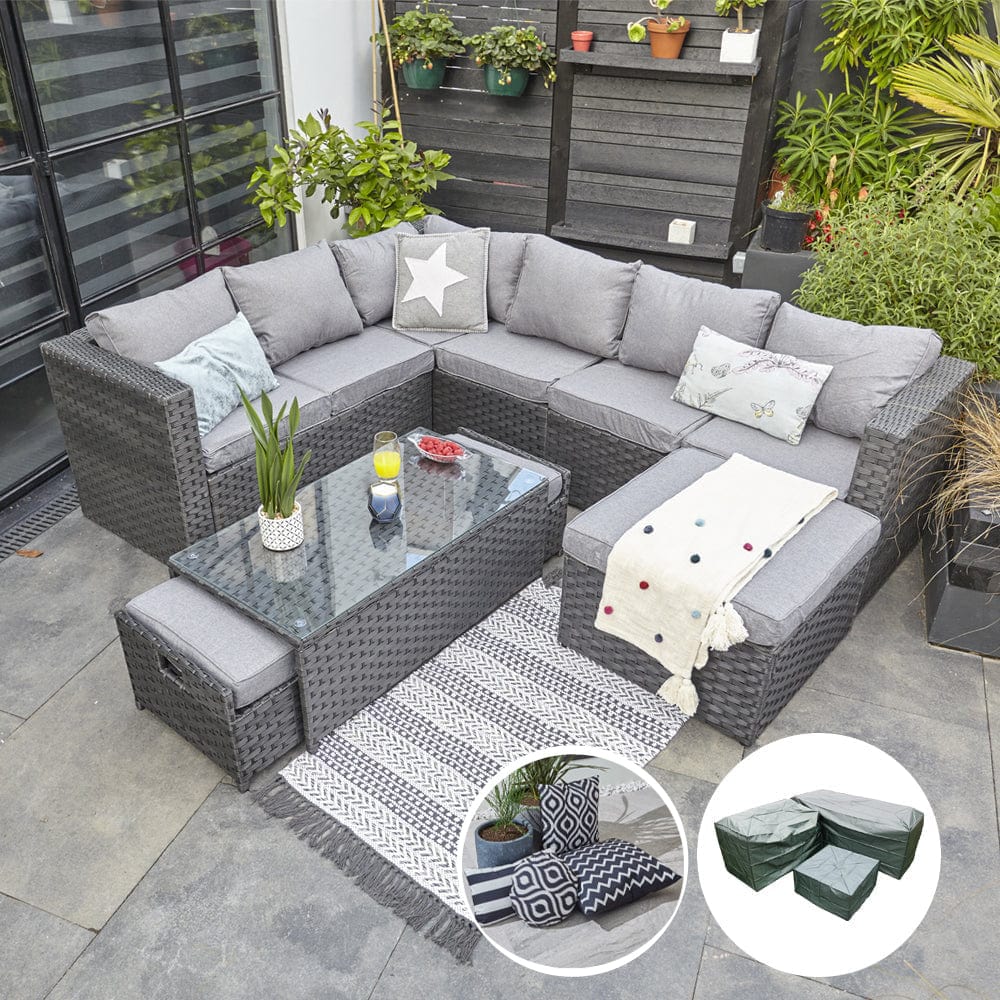 Vancouver 9 Seater Corner Rattan Garden Set In Black